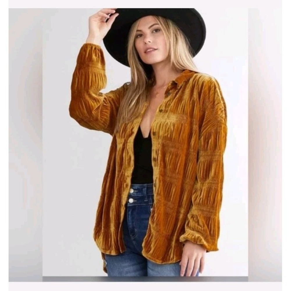 Free People My Best Crinkle Velvet Button Shirt Women's S Oversized Boho - Picture 2 of 6